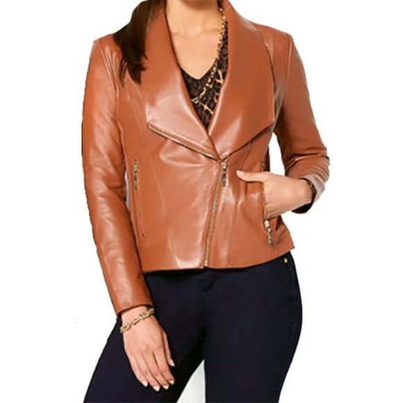 Iman Genuine Leather Asymmetrical Zip Moto Jacket Brown Women's Size XS - Picture 1 of 9